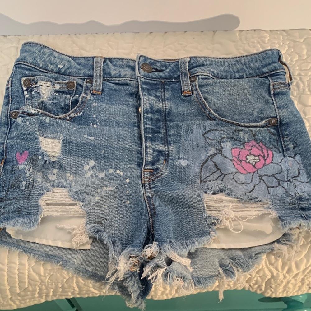 American Eagle Blue Jean Shorts with Floral and Paint Details